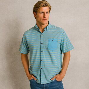 Billabong Medium Blue Yellow Striped Short Sleeve Button Down Cotton Shirt Y2K